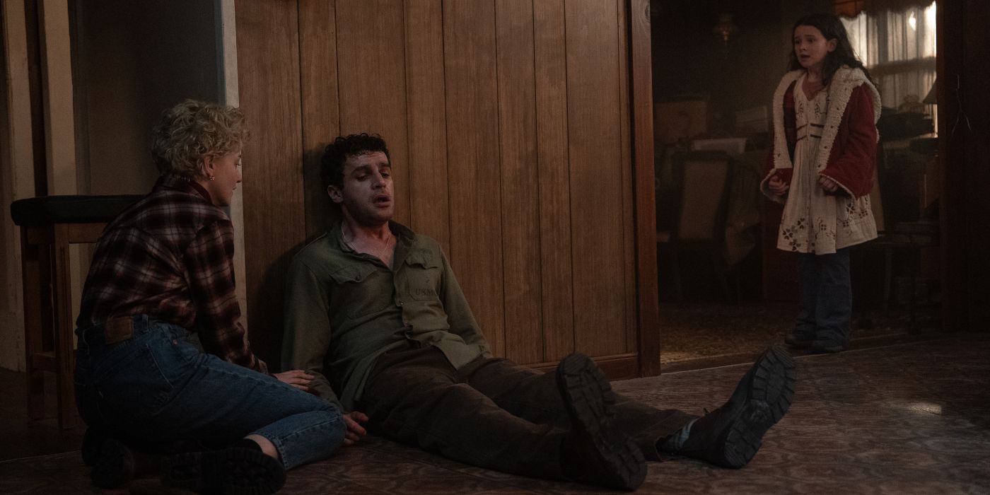 Julia Garner, Christopher Abbott, and Matilda Firth as Charlotte, Blake, and Ginger, in Wolf Man.