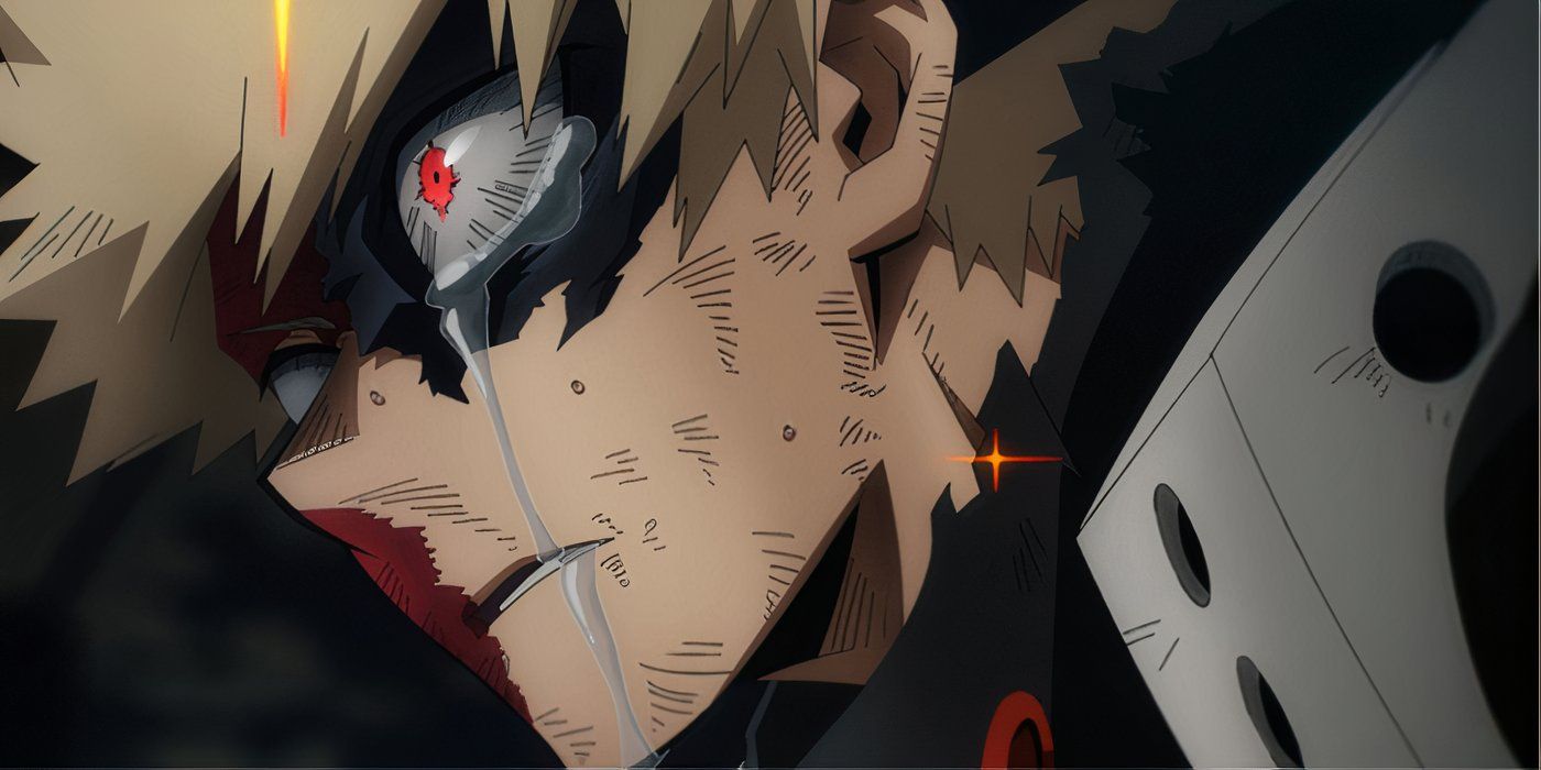 Close-up shot of a beaten Bakugo with tears rolling from one eye in My Hero Academia