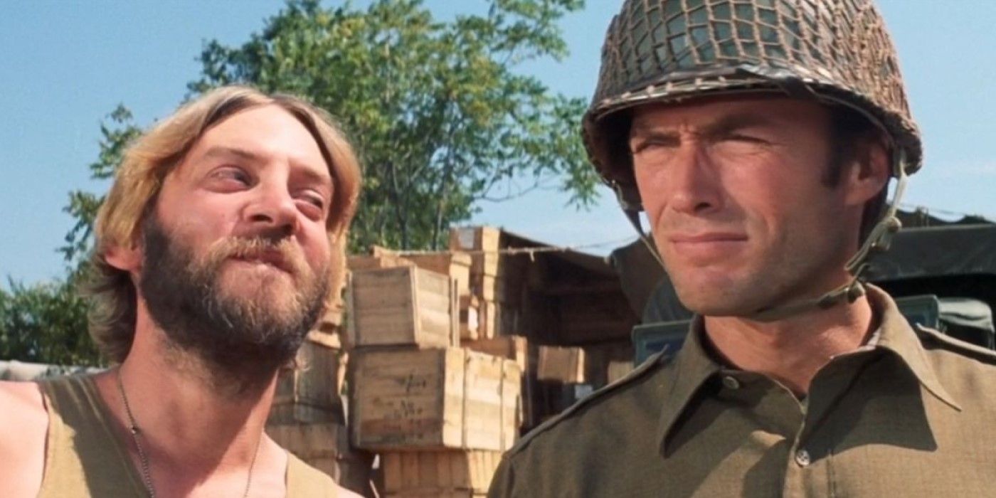 Close-up of Oddball (Donald Sutherland) and Kelly (Clint Eastwood) in &lsquo;Kelly&rsquo;s Heroes&rsquo;