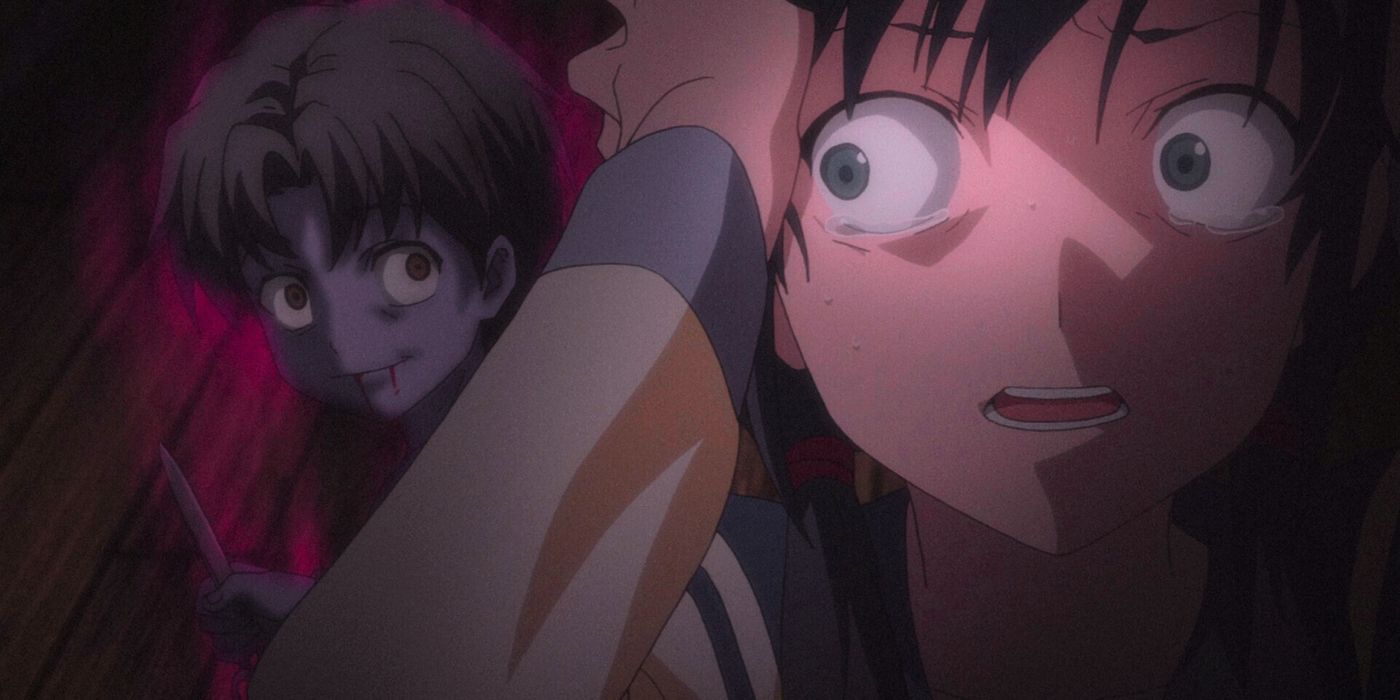 A girl clutching her head in fear with wide eyes with a ghastly boy behind her in Corpse Party Tortured Souls.