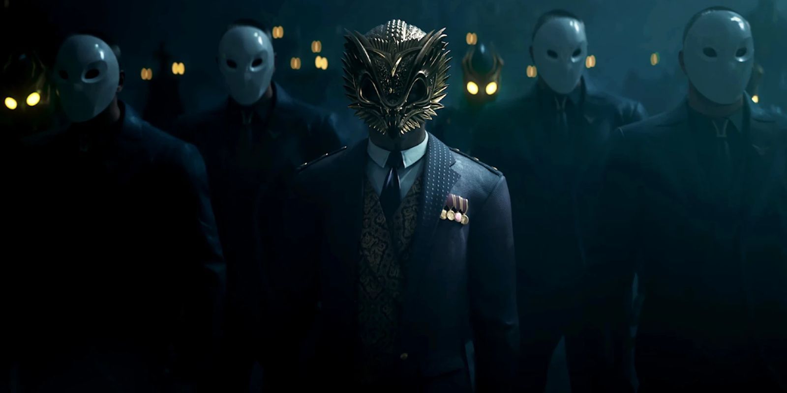 A man in an owl mask with four men behind him in Gotham Knights