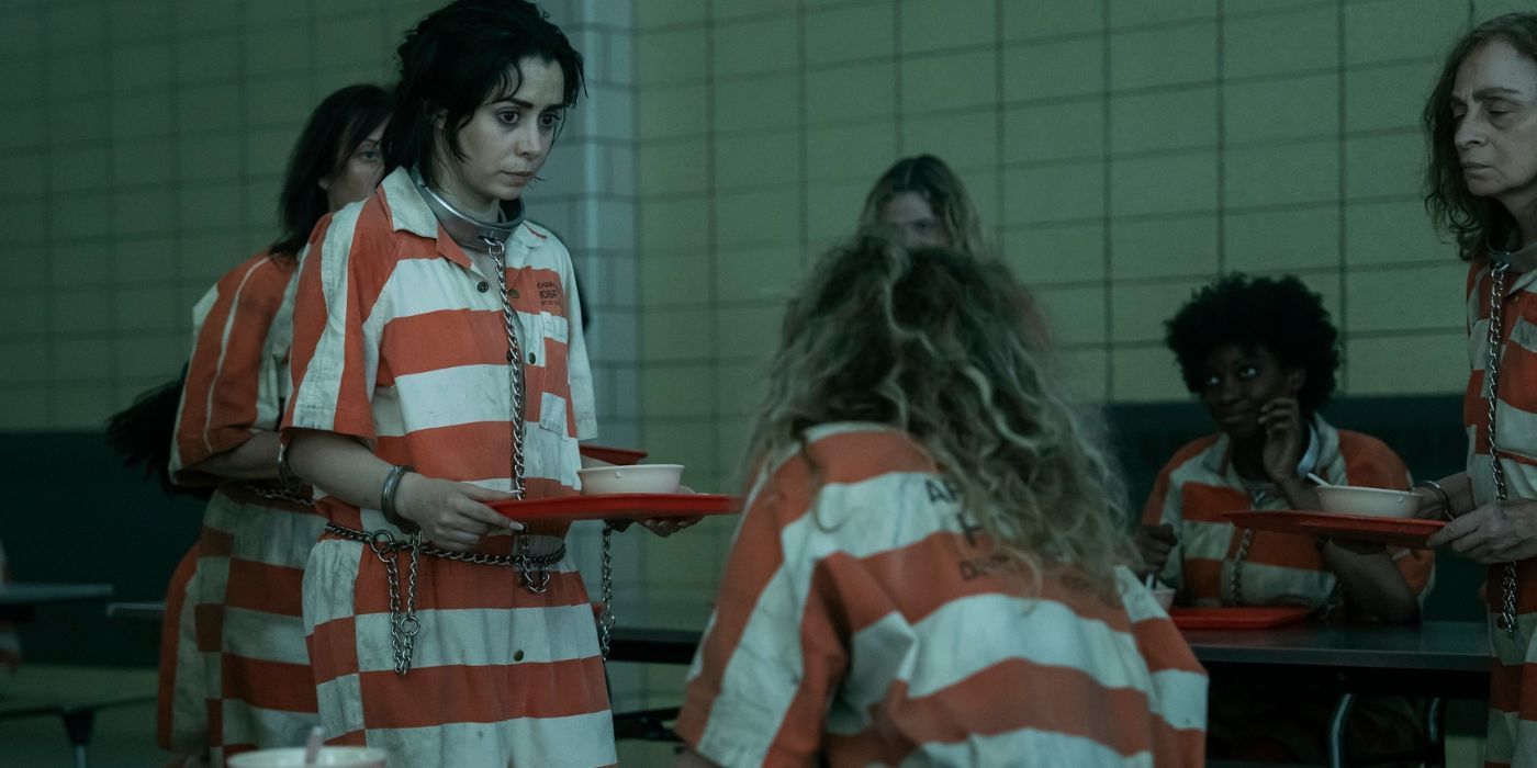 Cristin Milioti walking through the dining hall of Arkham State Hospital in The Penguin Episode 4.