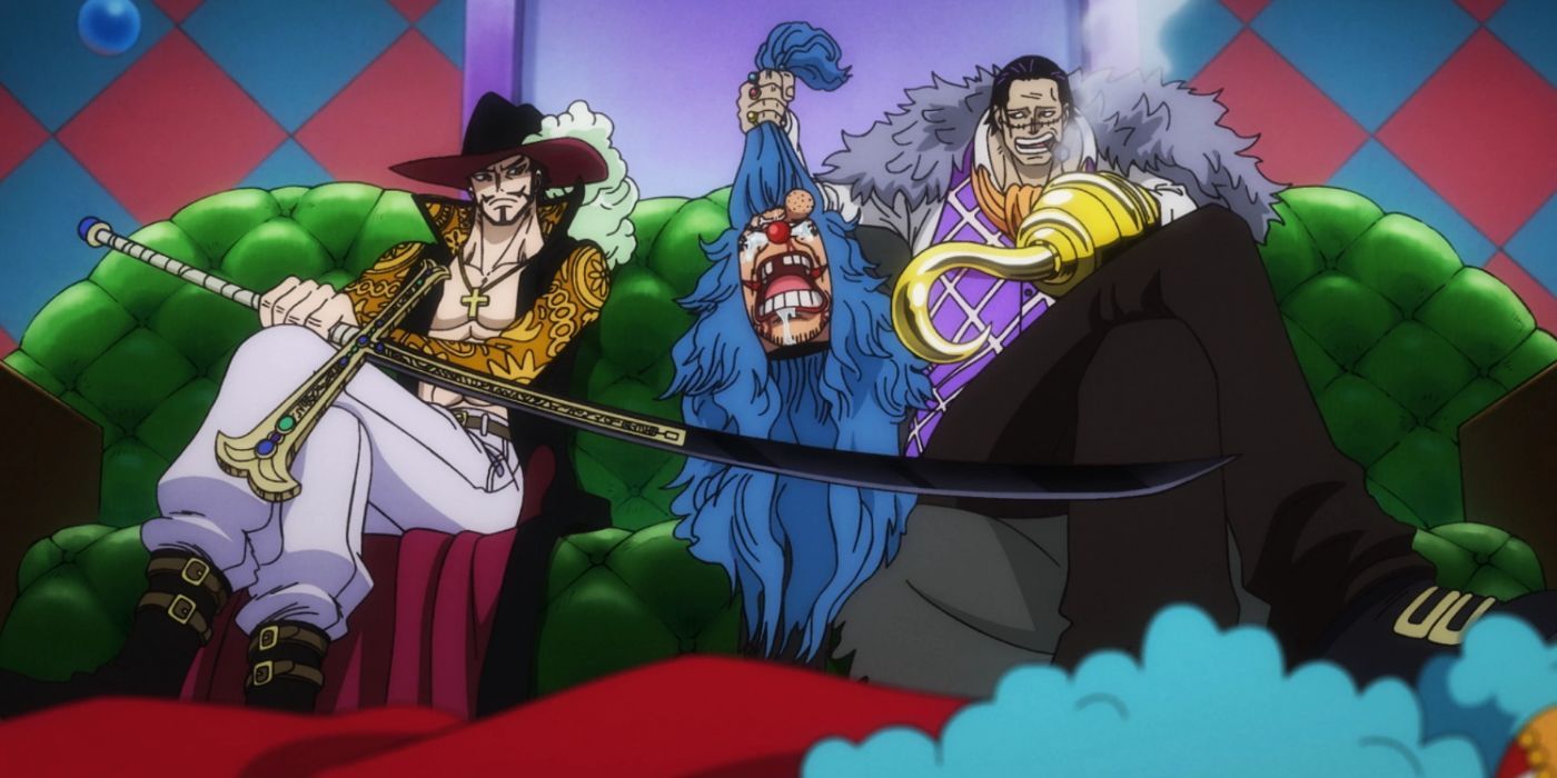 Mihawk and Crocodile sitting on a couch, holding Buggy's head in One Piece.