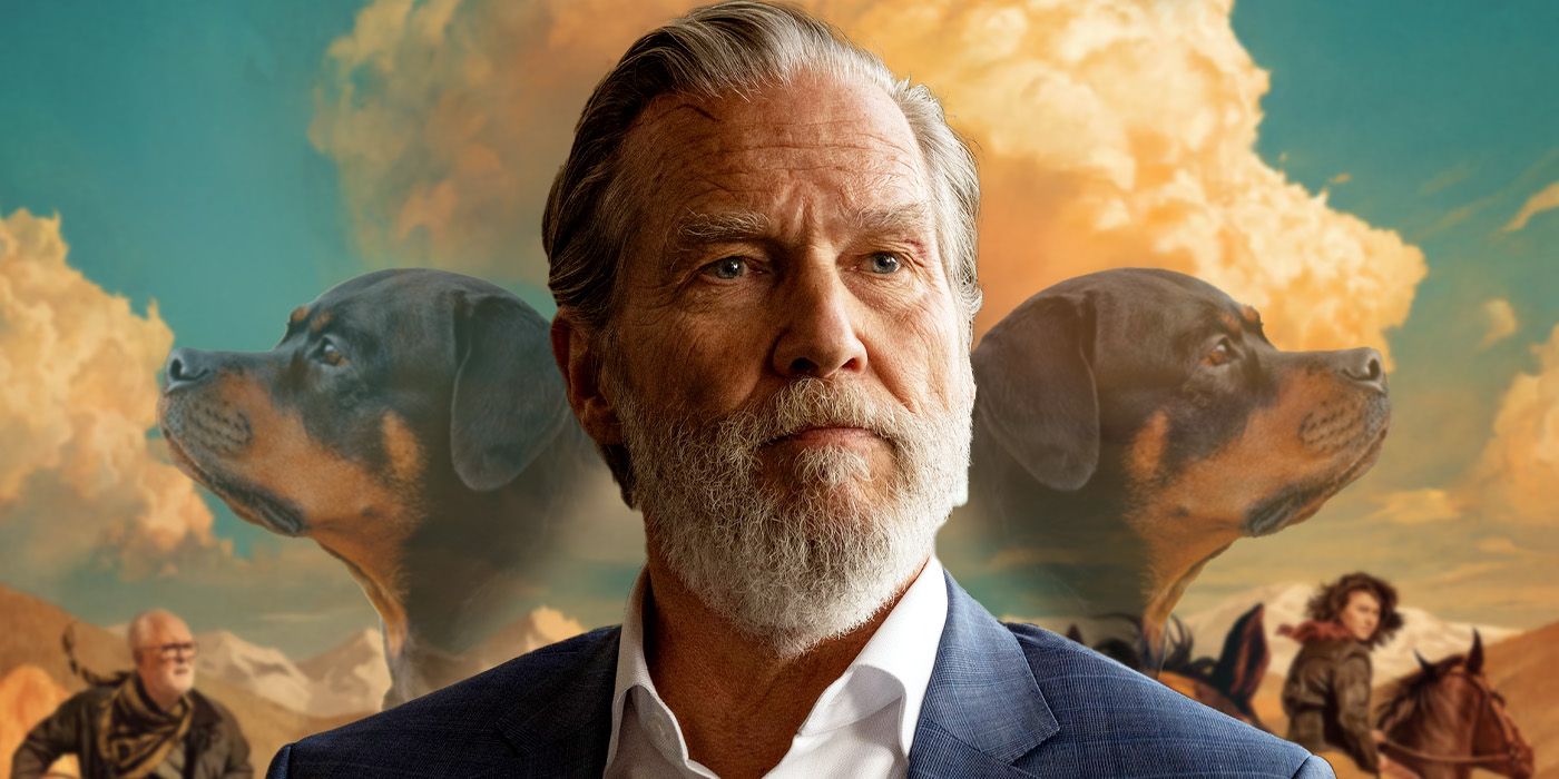 Custom image from Zanda Rice of Jeff Bridges standing between two Rottweiler dogs for The Old Man Season 2