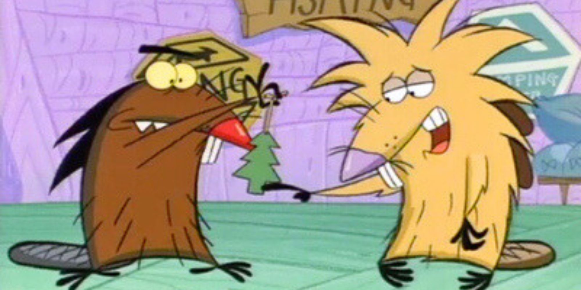 Daggett holding up a pine tree car air freshener and Norbert pointing at it in The Angry Beavers