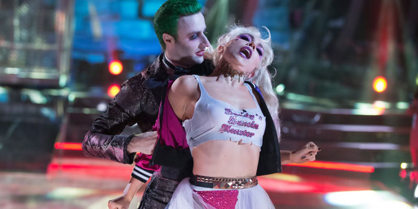 James Hinchcliffe as The Joker & Jenna Johnson as Harley Quinn in a dramatic pose on Dancing with the Stars.