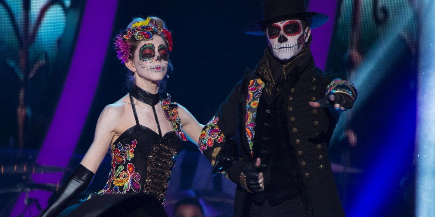 Lindsey Stirling and Mark Ballas in Dia de los Muertos makeup on Dancing with the Stars.