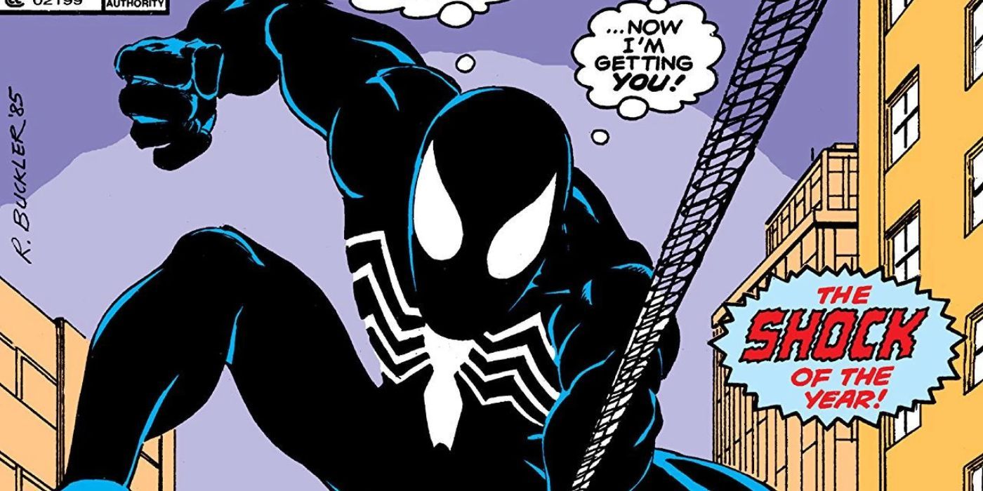 Black-suited Spider-Man swinging on The Death of Jean Dewolff comic cover