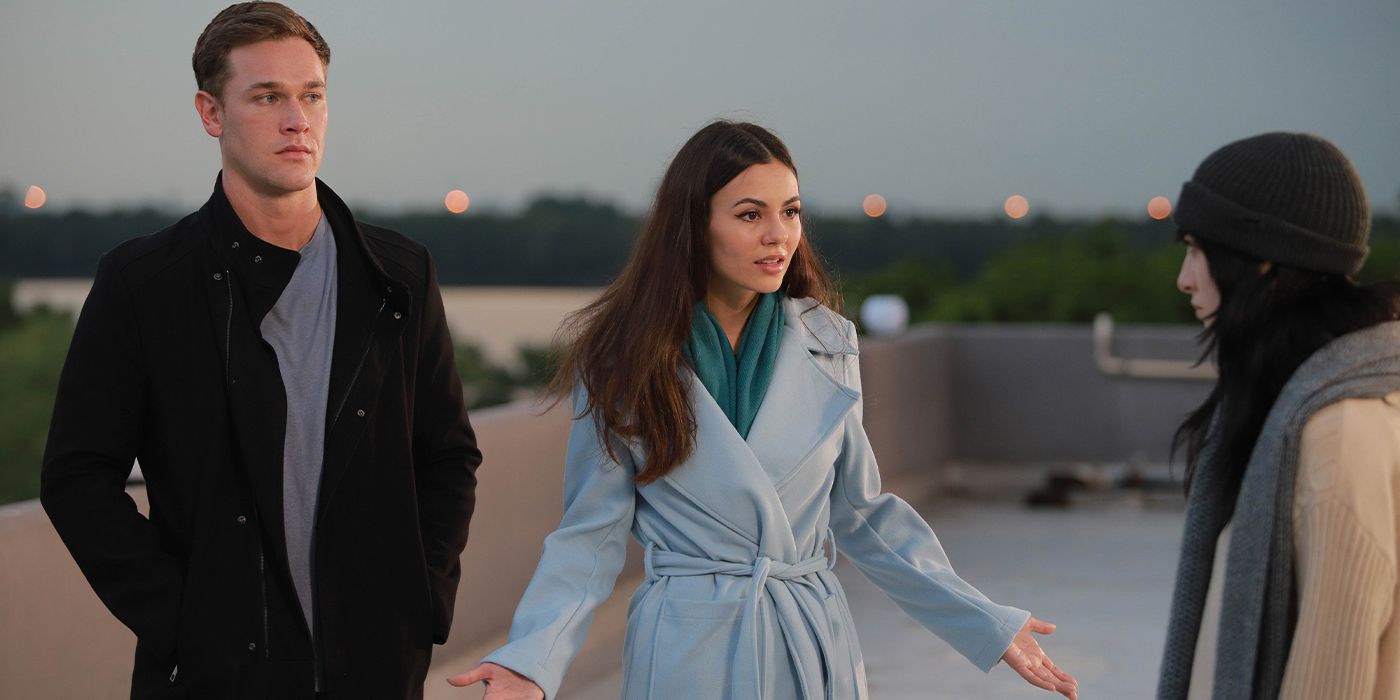 Taylor John Smith, Victoria Justice, and Devon Ross in heated discussion on rooftop in Depravity