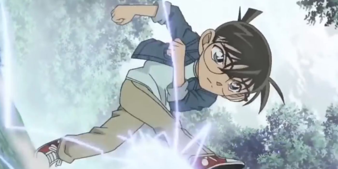 Conan Edogawa using his awesome Virtual Kick to distract the criminal and save Kogoro Mouri.