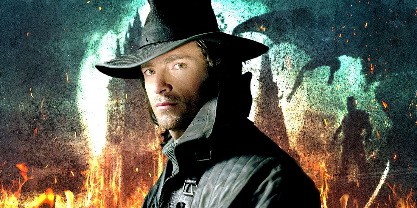 custom image of Hugh Jackman as Van Helsing with Dracula's castle in the background