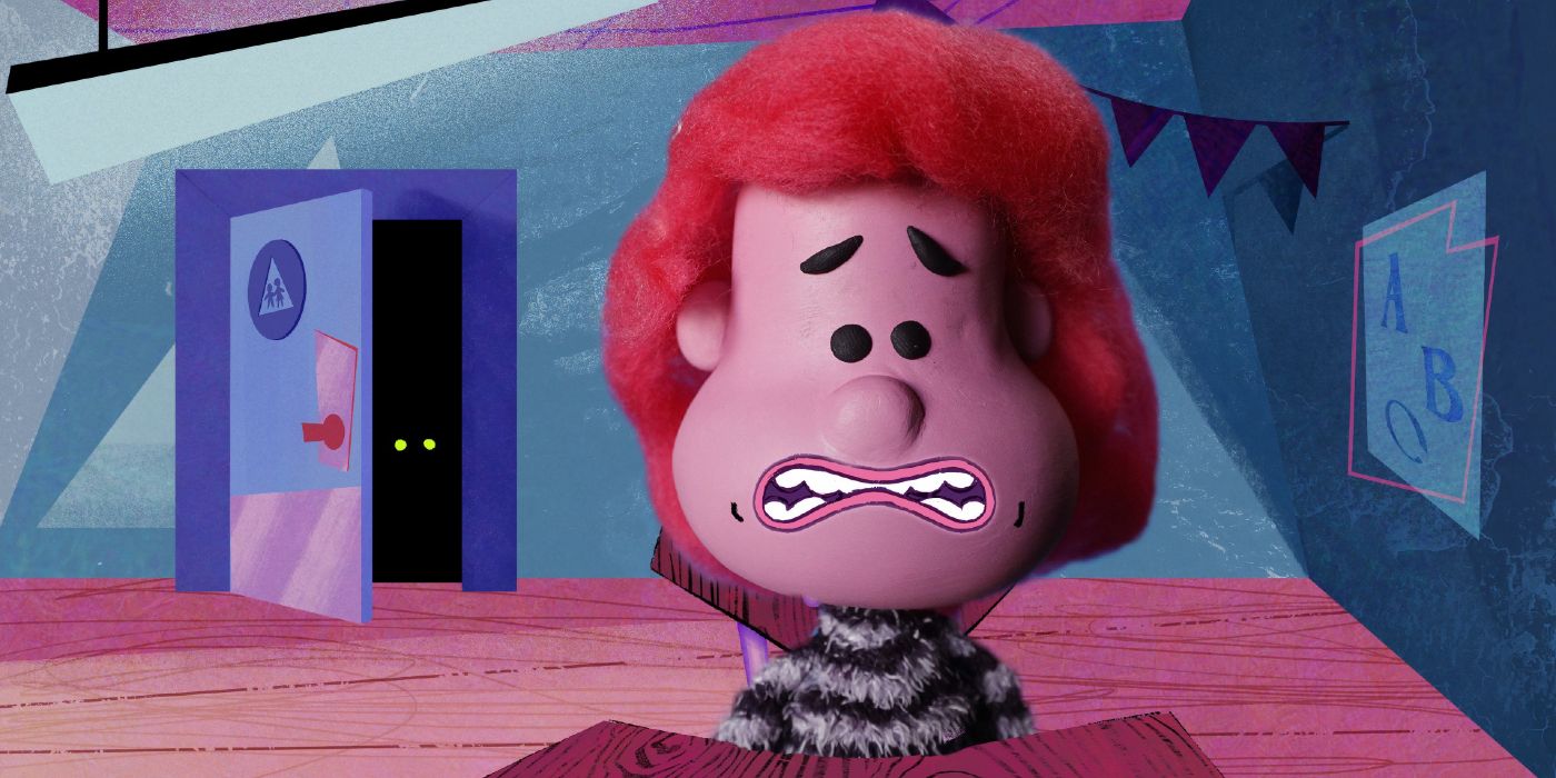 A red-haired child looks frightened by a set of glowing green eyes behind them in Dark Corners