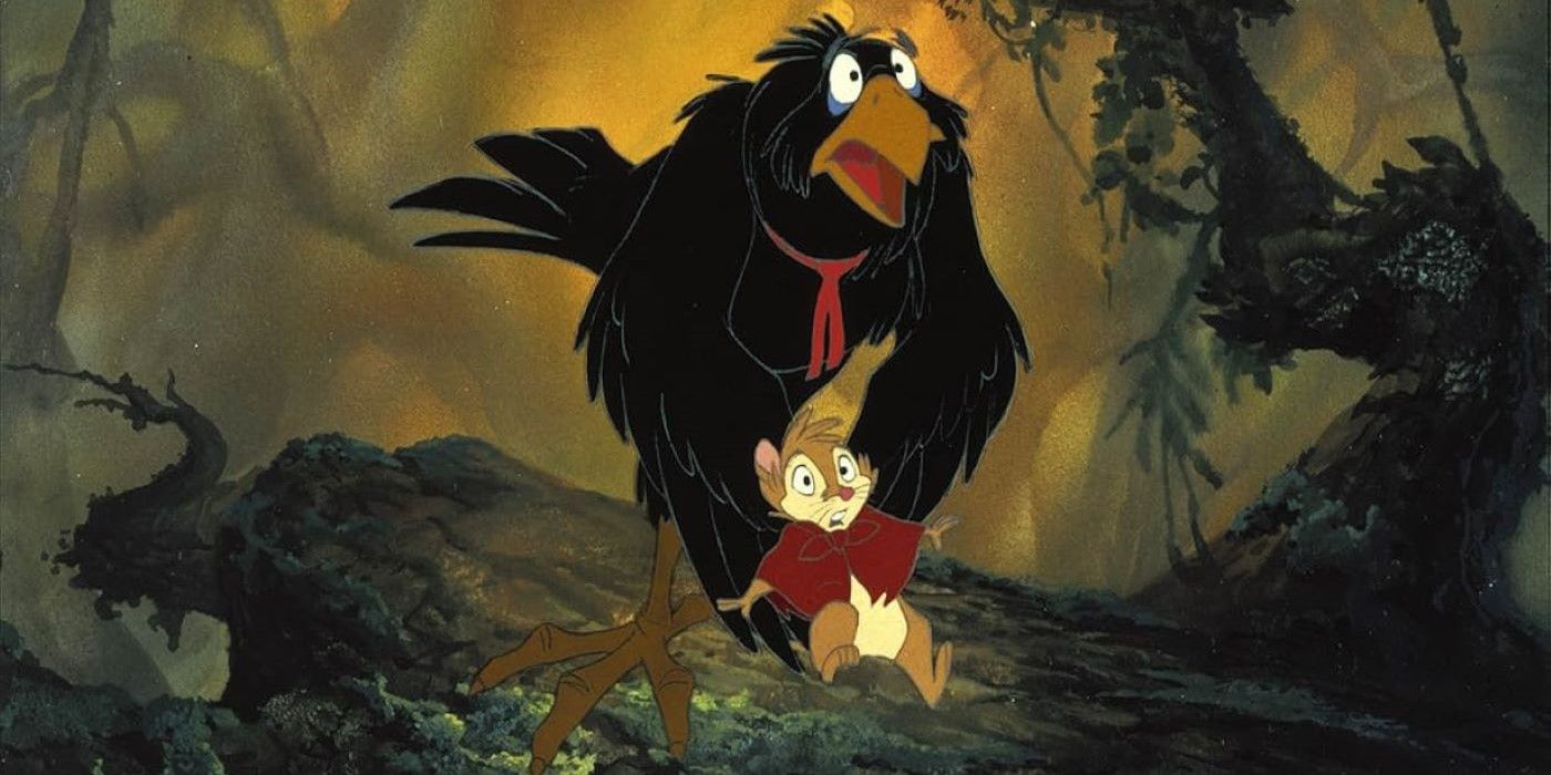 Jeremy, voiced by Dom DeLuise, and Mrs. Brisby, voiced by Elizabeth Hartman, look startled in the dark forest in The Secret of NIMH