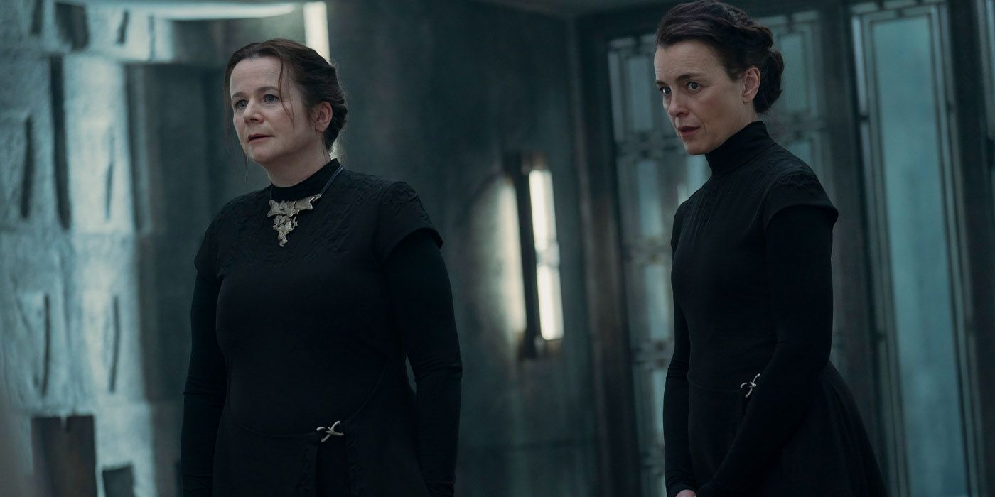 Emily Watson and Olivia Williams as the Harkonnen sisters looking concerned in Dune: Prophecy