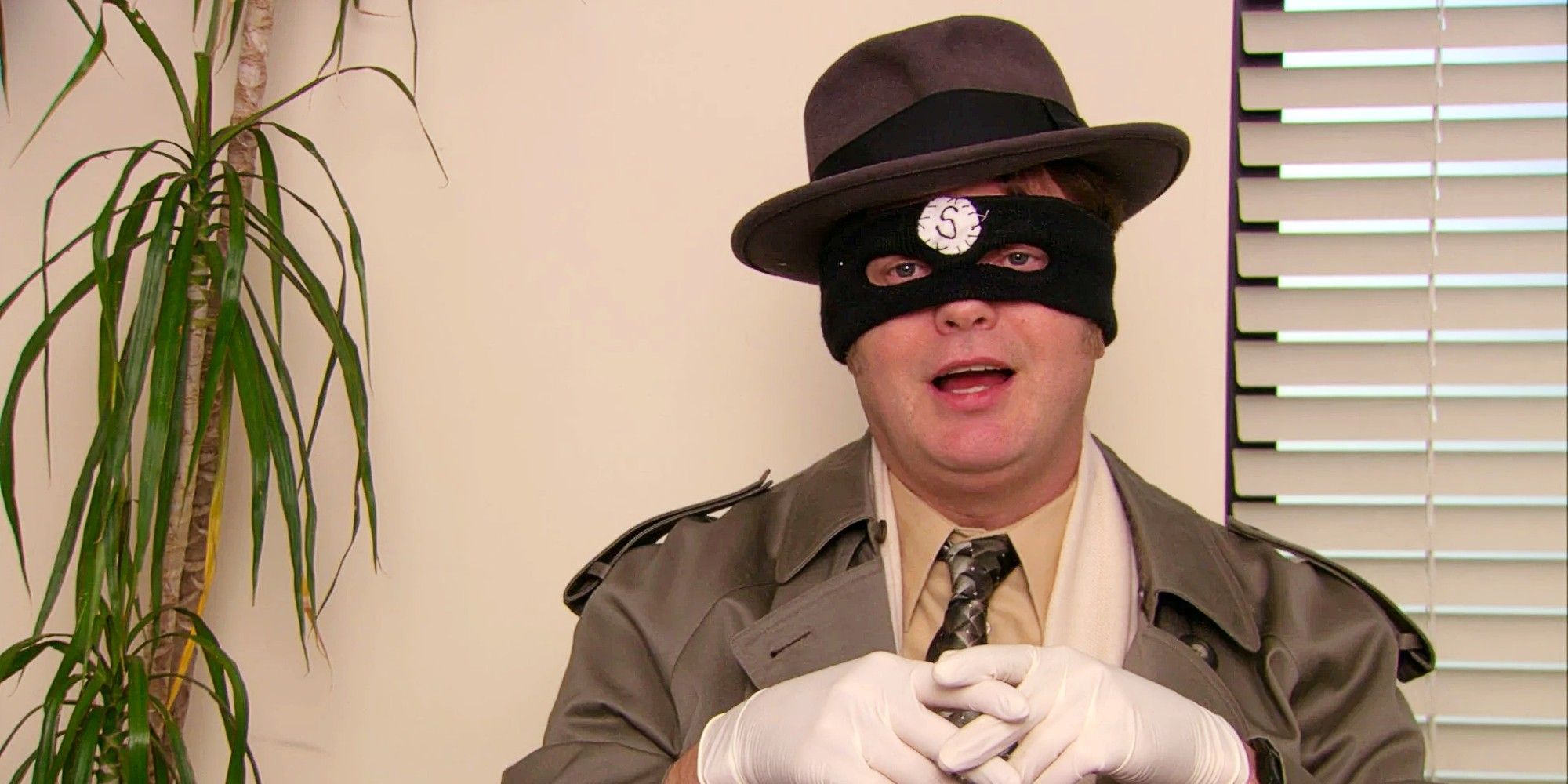 Dwight Schrute dressed as the Scranton Strangler for Halloween in The Office