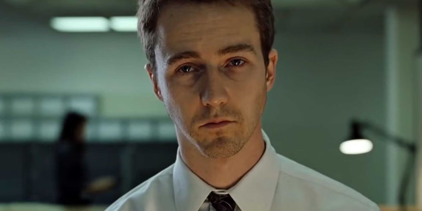 Edward Norton as The Narrator staring into the camera in Fight Club