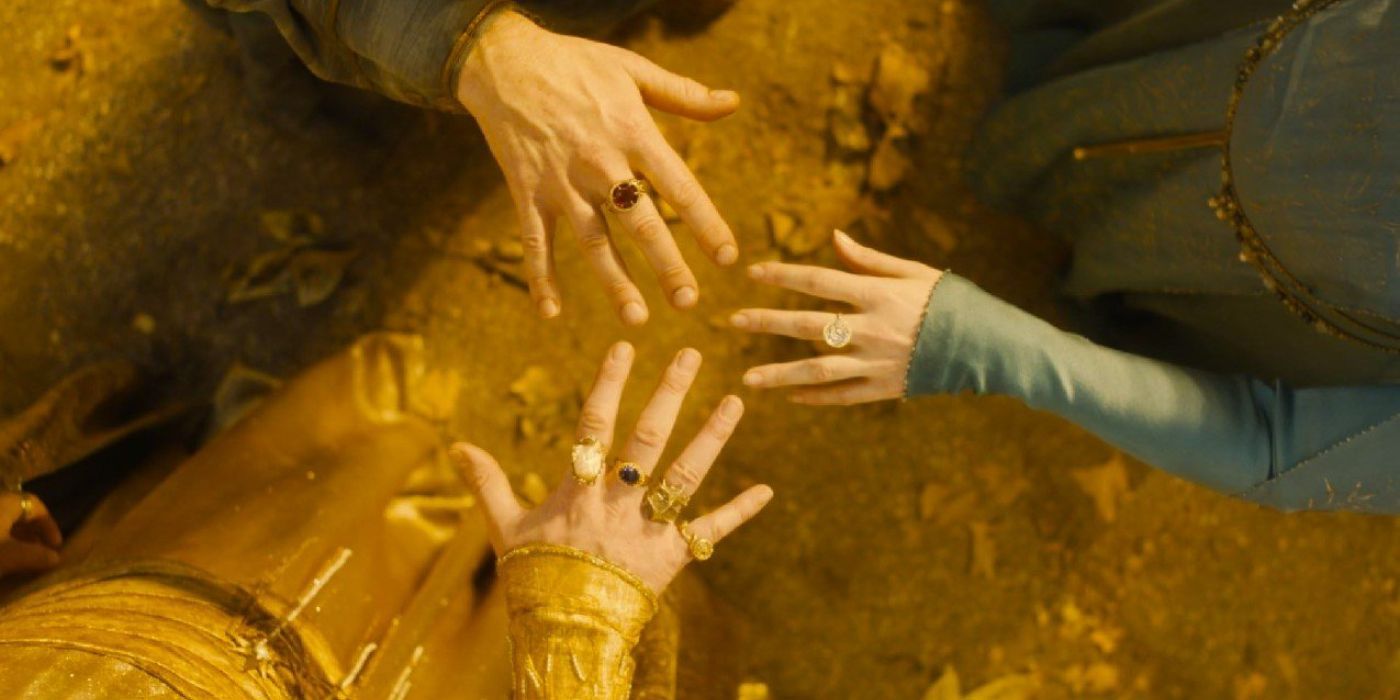 The three Elven Rings of Power in 'Lord of the Rings: Rings of Power' Season 2, Episode 1.