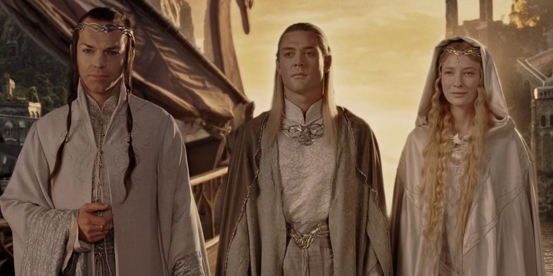 Elrond (Hugo Weaving), Celeborn (Marton Csokas), and Galadriel (Cate Blanchett) standing next to each other in 'The Lord of the Rings: The Return of the King.'