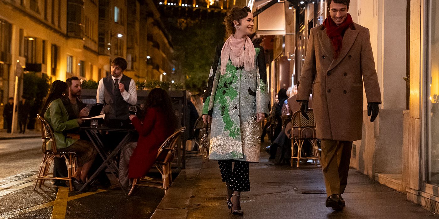 Emily walking in the streets of Rome with Marcello in Emily in Paris.