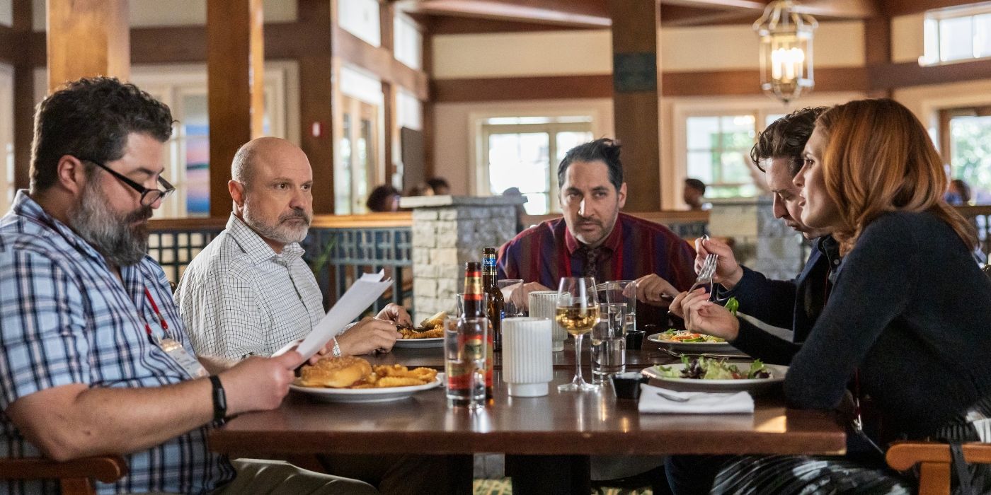 Sean Patton, Enrico Colantoni, Carmen Christopher, Brian Jordan Alvarez, and Stephanie Koenig sitting at a table