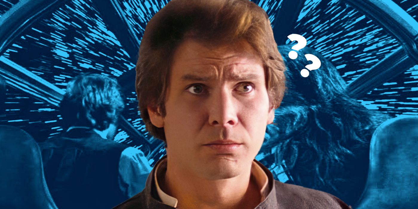 Blended image showing Han Solo looking confused with the hyper-speed scene from Star Wars on the background.