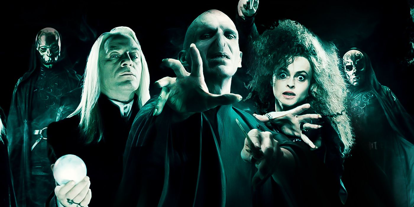 Blended image showing Bellatrix Lestrange, Lord Voldemort, and Lucius Malfoy with Death Eaters on the background