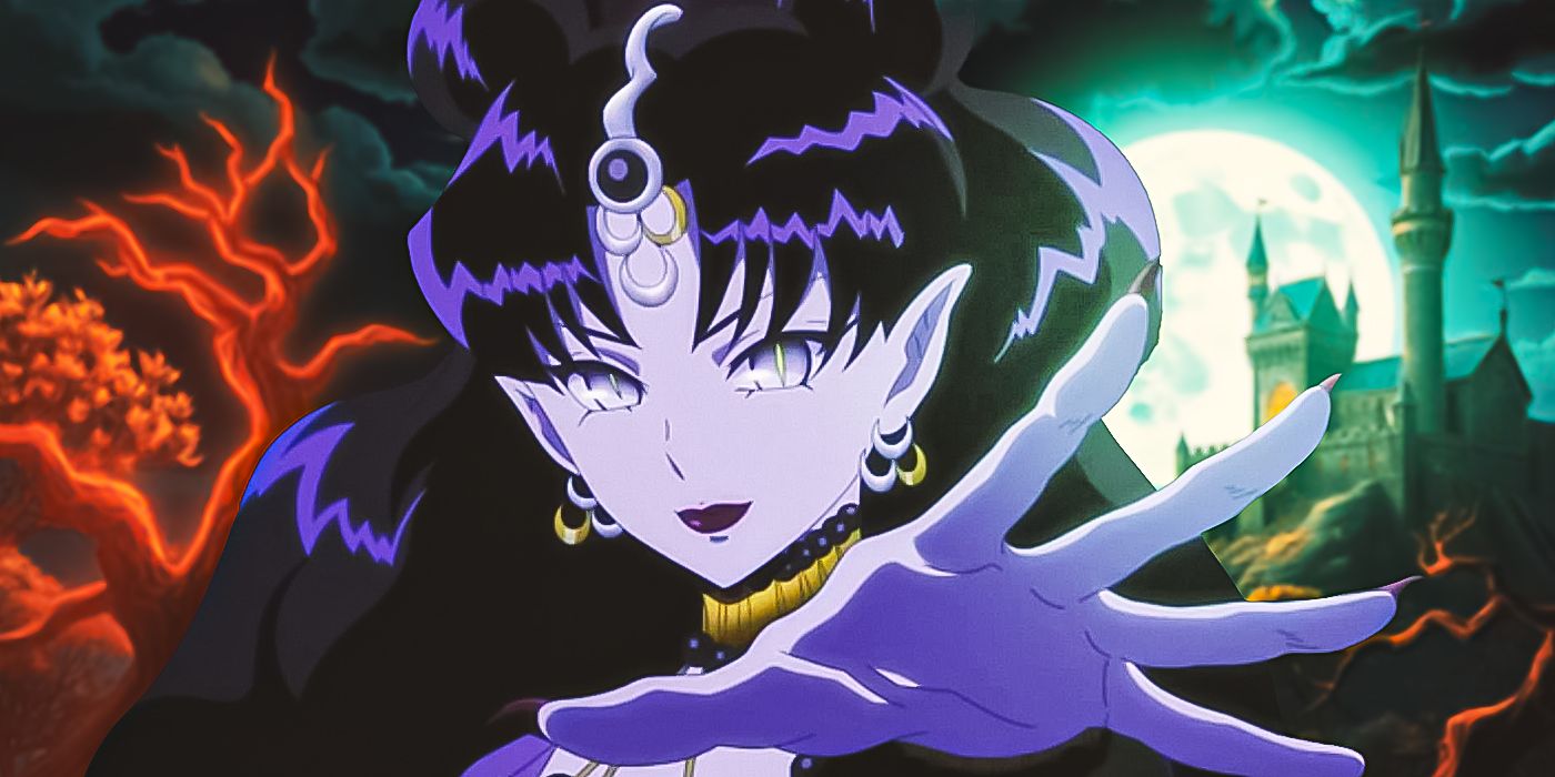 Blended image showing Queen Nehelenia from Sailor Moon with two scary background.