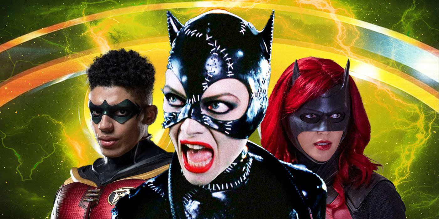 Blended image showing Robin from Titans, Catwoman from Batman Returns, and Batwoman from Batwoman