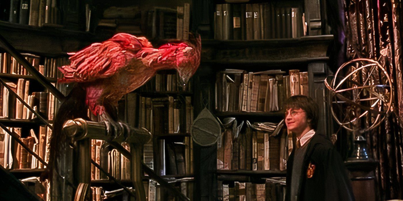 Harry (Daniel Radcliffe, right) meets Fawkes the phoenix (left) in Harry Potter and the Chamber of Secrets' 