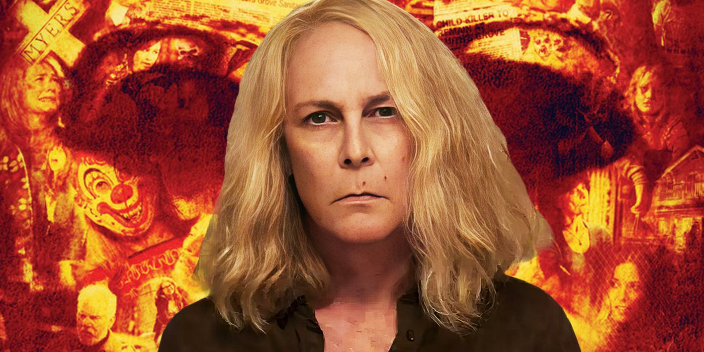 Custom image of Jamie Lee Curtis as Laurie Strode of the Halloween franchise, in front of an image of Michael Myers