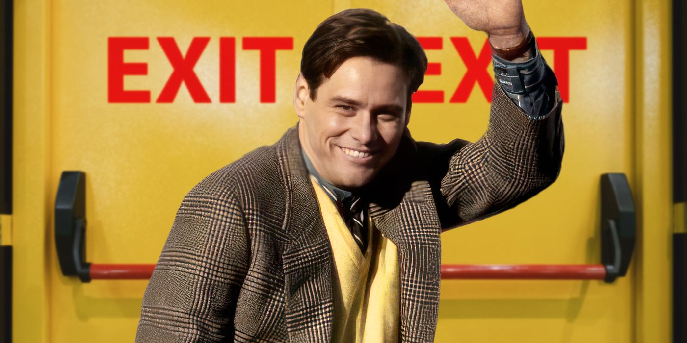 Custom image of Jim Carrey as Truman in The Truman Show, waving goodbye and smiling in front of doors that say 