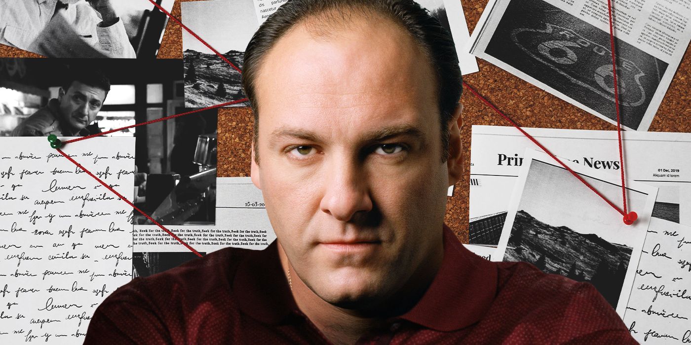 Custom image of James Gandolfini as Tony Soprano of The Sopranos in front of a cork board covered in newspaper clippings