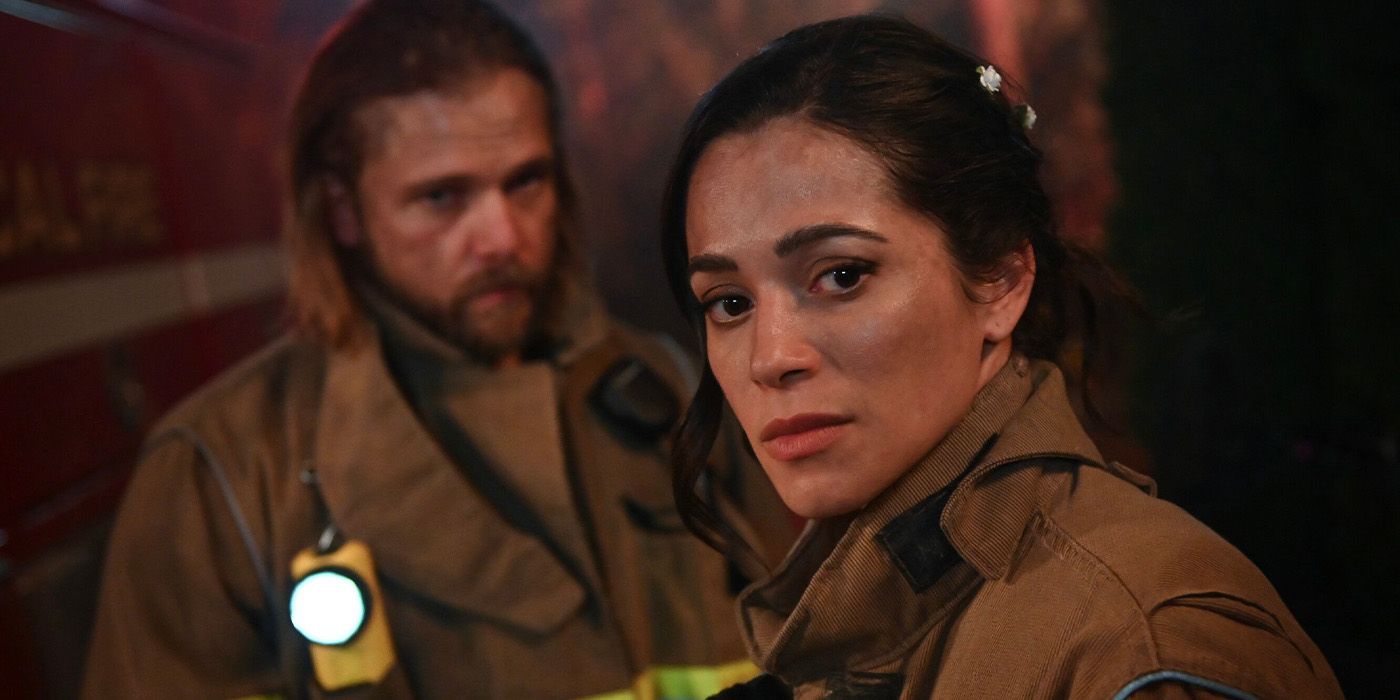 Stephanie Arcila as Gabriela Perez and Max Thieriot as Bode Leone on a fire in 'Fire Country.'