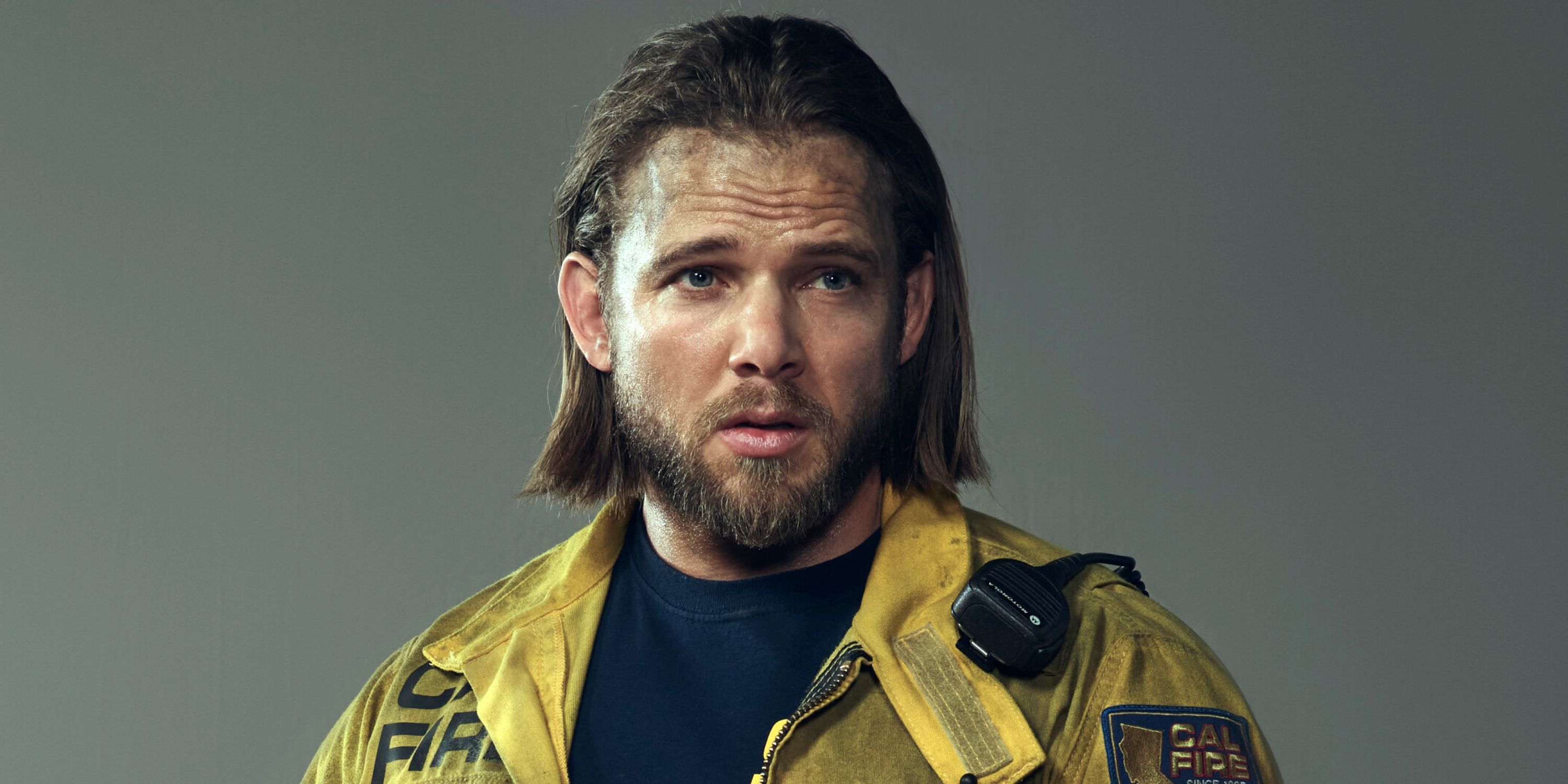 Max Thieriot as Bode Leone in his Cal Fire uniform in a gallery promo shoot for Season 3 of CBS' Fire Country