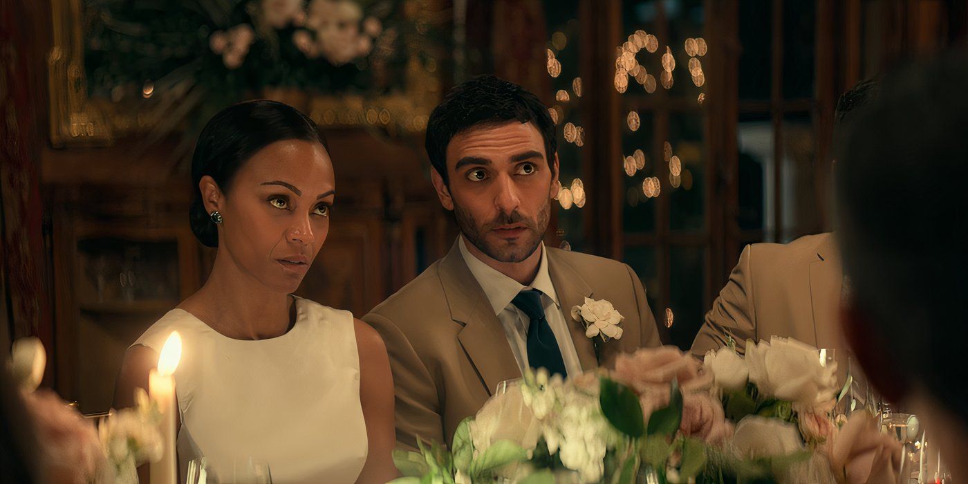 Amy (Zoe Salda?a) and Lino (Eugenio Mastrandrea) listen to a toast at their wedding in 'From Scratch'.