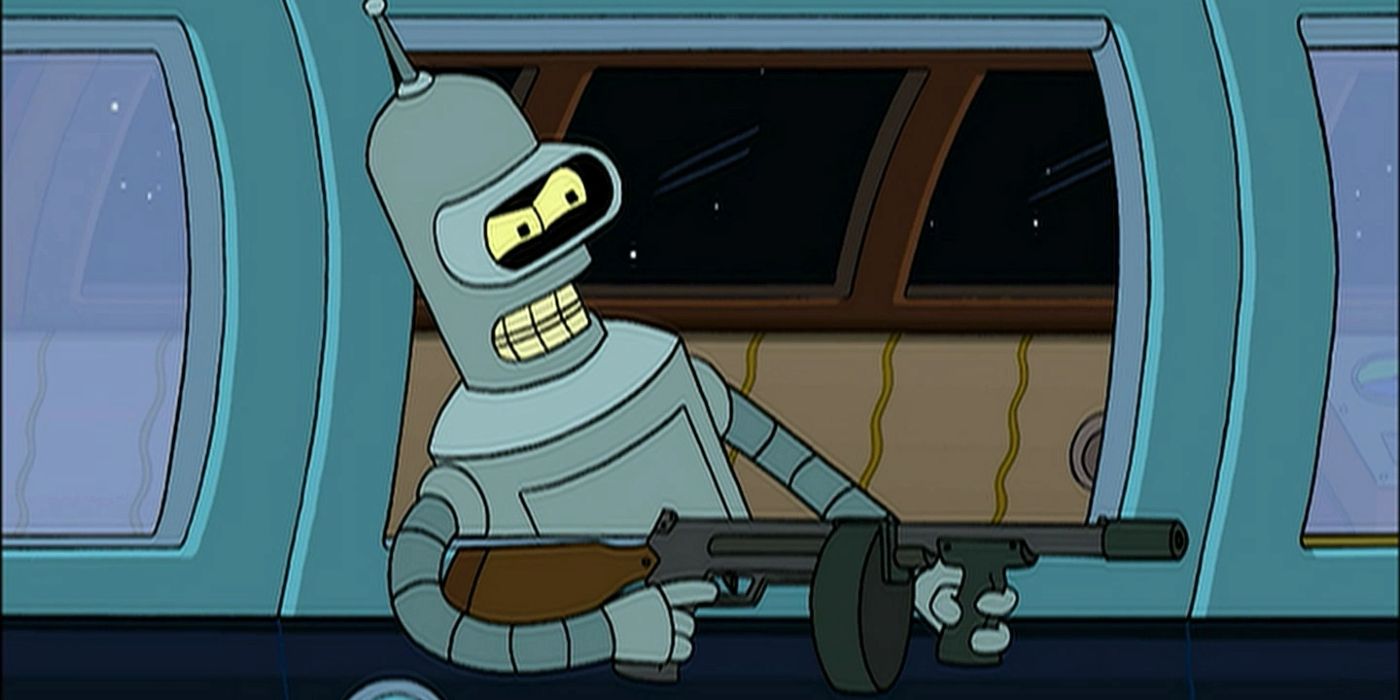 Bender (John DiMaggio) holding a gun out a car window in 'Futurama'