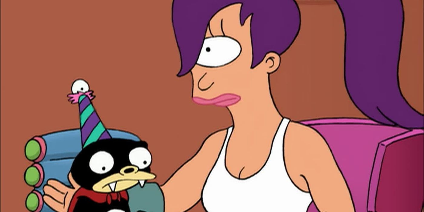 Leela with her pet Nibbler celebrating his birthday on 'Futurama'