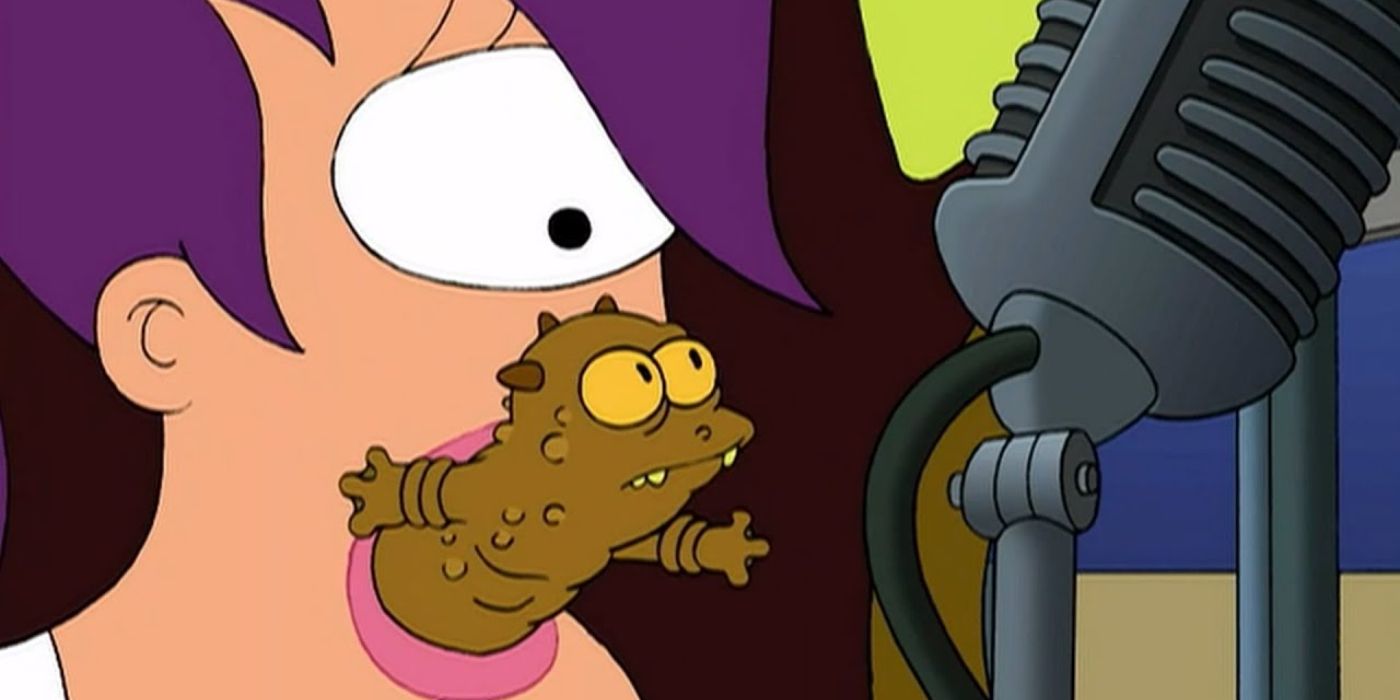 Leela with a baby Omicronian in her mouth in 'Futurama'