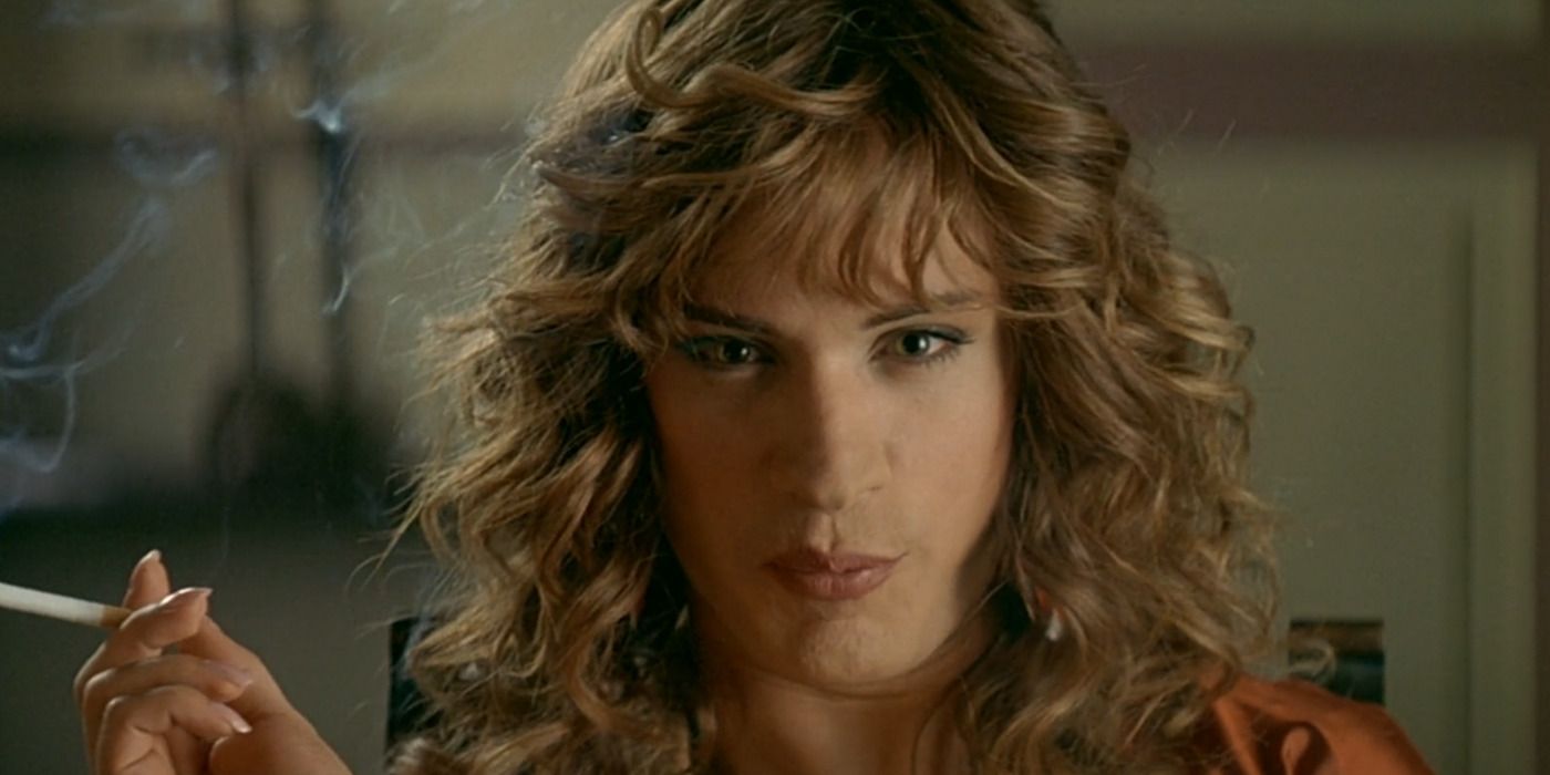 Gael García Bernal dressed as a woman and smoking in 'Bad Education'