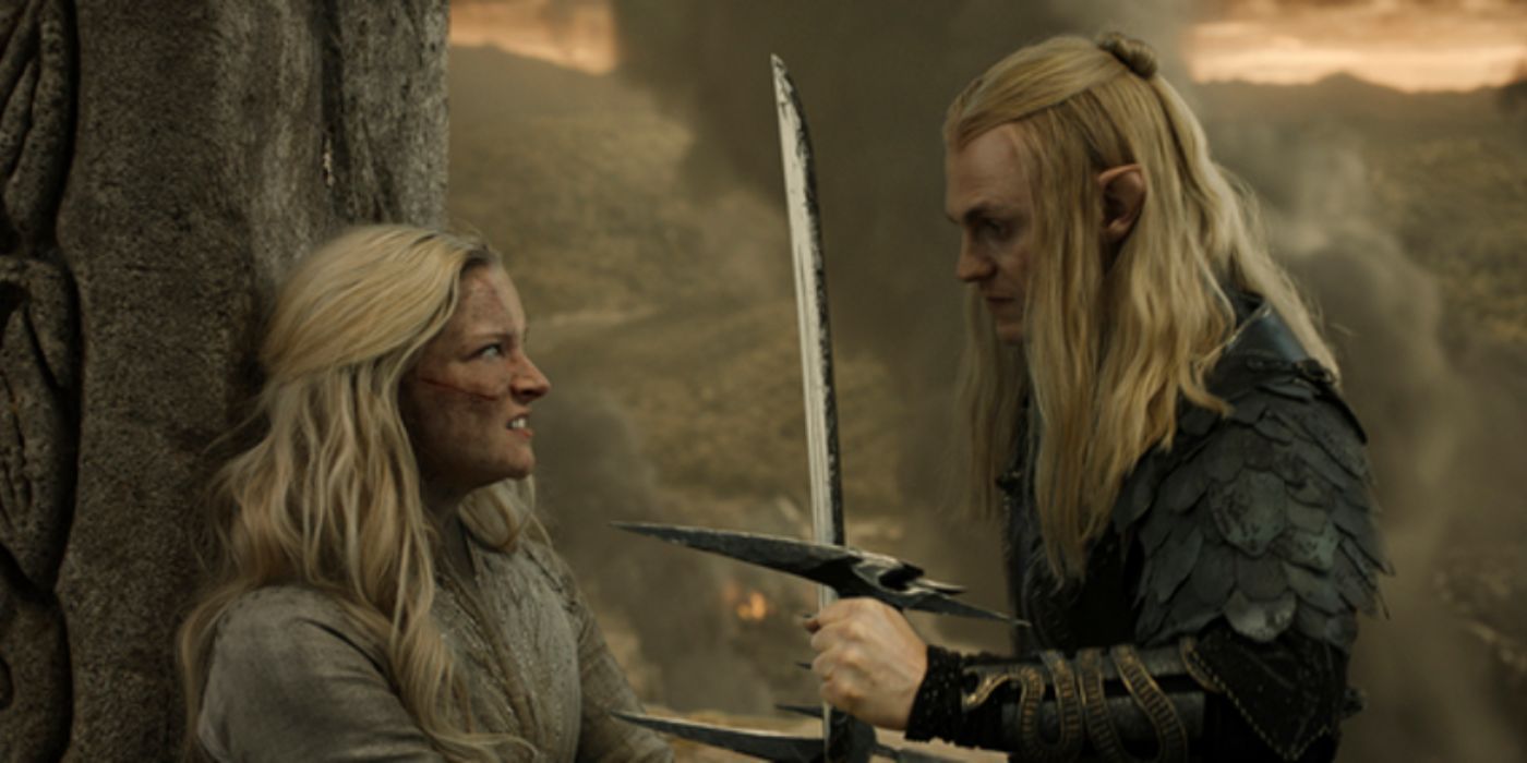 Galadriel, played by Morfydd Clark, fighting Sauron, played by Charlie Vickers, in 'Lord of the Rings: Rings of Power' Season 2, Episode 8.