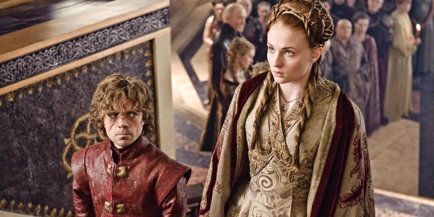 Tyrion Lannister and Sansa Stark stand next to each other to perform a wedding ritual in 'Game of Thrones' Season 3, Episode 8 "Second Sons".