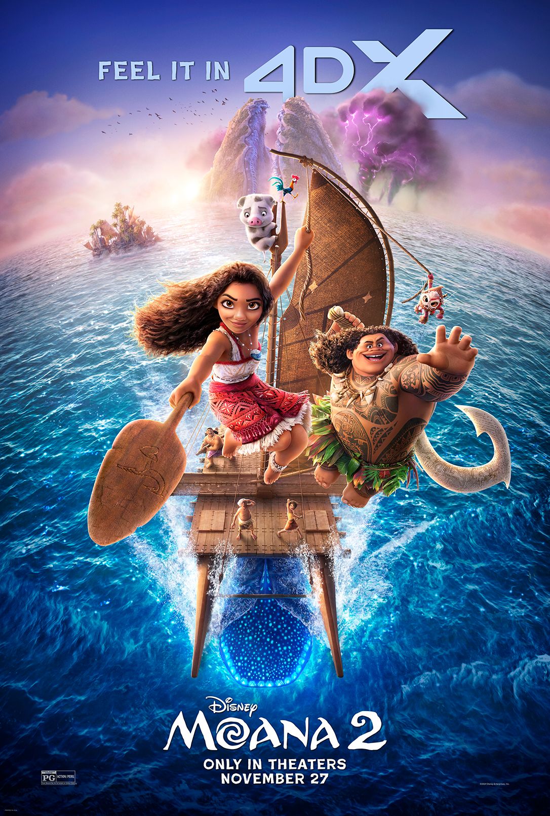 moana, maui, heihei, and pua sail a crystal clear blue ocean in the 4dx poster for 'moana 2'