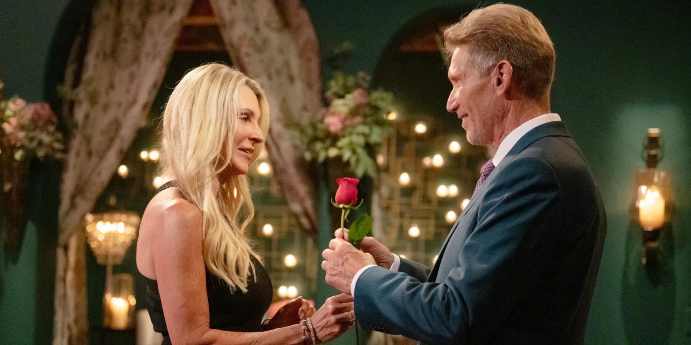 Gerry Turner giving Joan Vassos a rose on The Golden Bachelor.