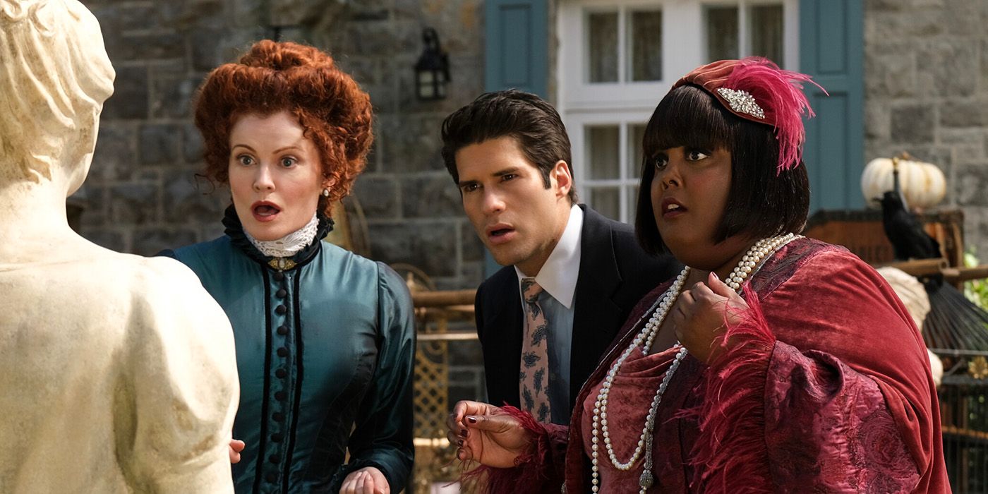 Rebecca Wisocky, Asher Grodman, and Danielle Pinnock looking shocked in Ghosts Season 4 Episode 3