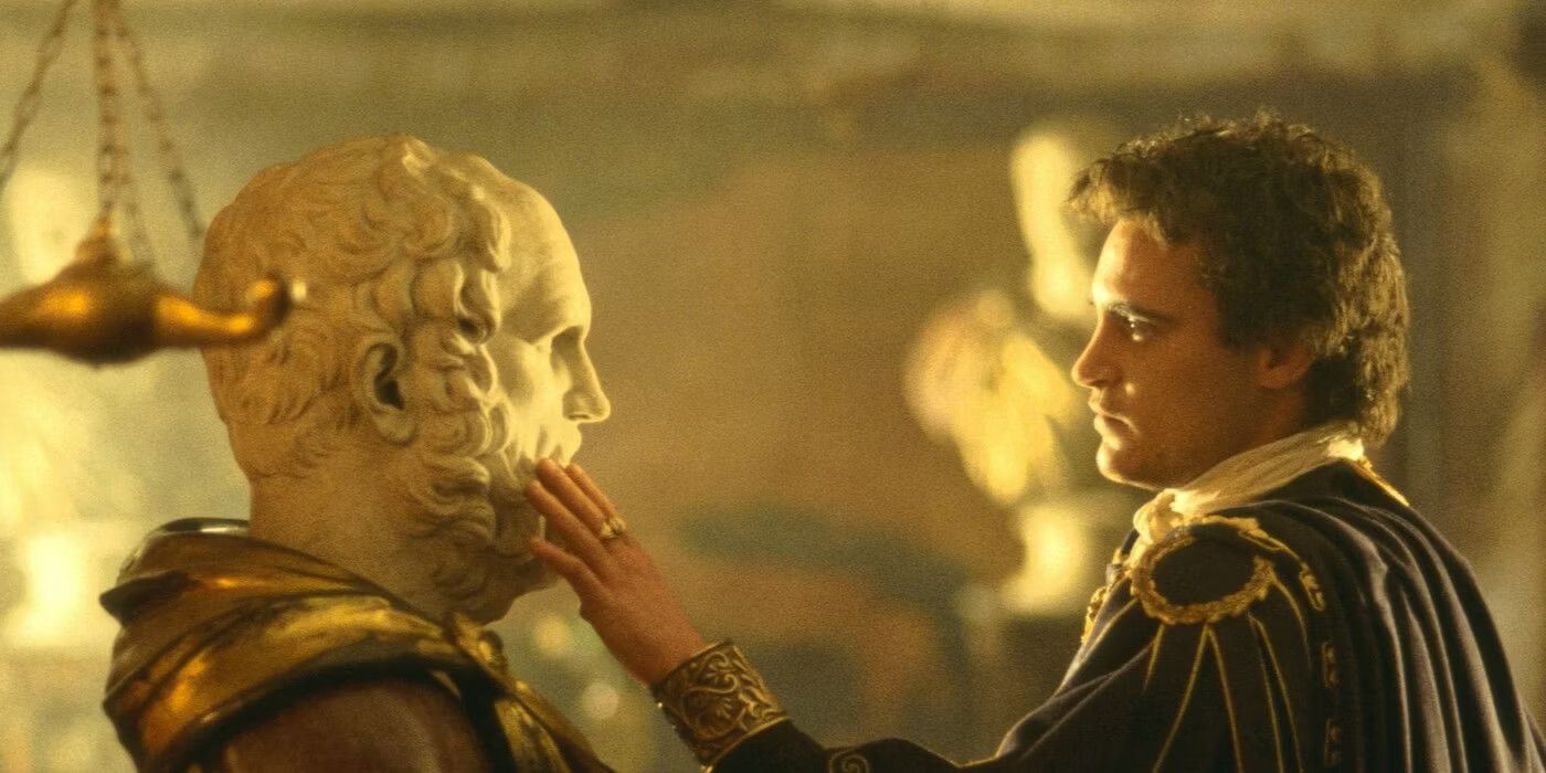 Commodus touching a bust of Caesar in Gladiator