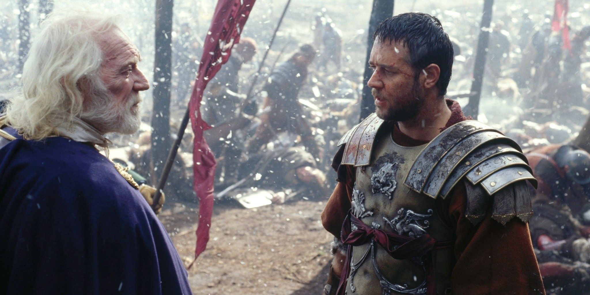 Maximus talking to Marcus Aurelius on the battlefield in Gladiator