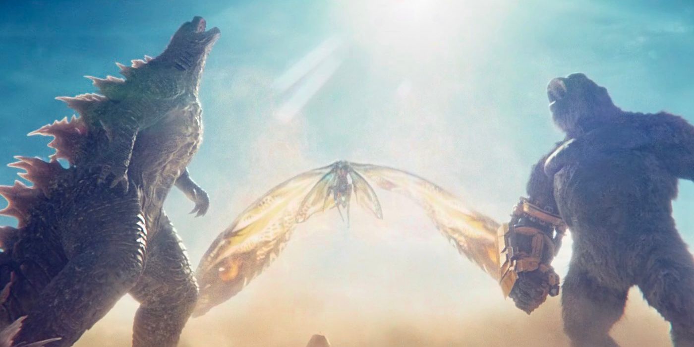 Godzilla and Kong roar together while Mothra flies over the Sphinx between them in &lsquo;Godzilla x Kong&rsquo;