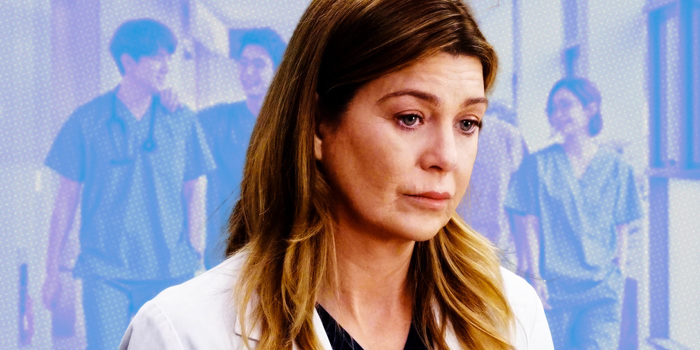 Meredith Grey looks sad as the cast of K-drama Hospital Playlist is in the background of a custom image