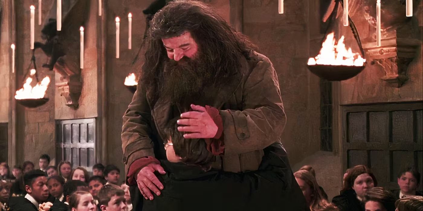 Hagrid, played by actor Robbie Coltrane, and Harry, played by actor Daniel Radcliffe, hugging in Harry Potter and the Sorcerer's Stone.