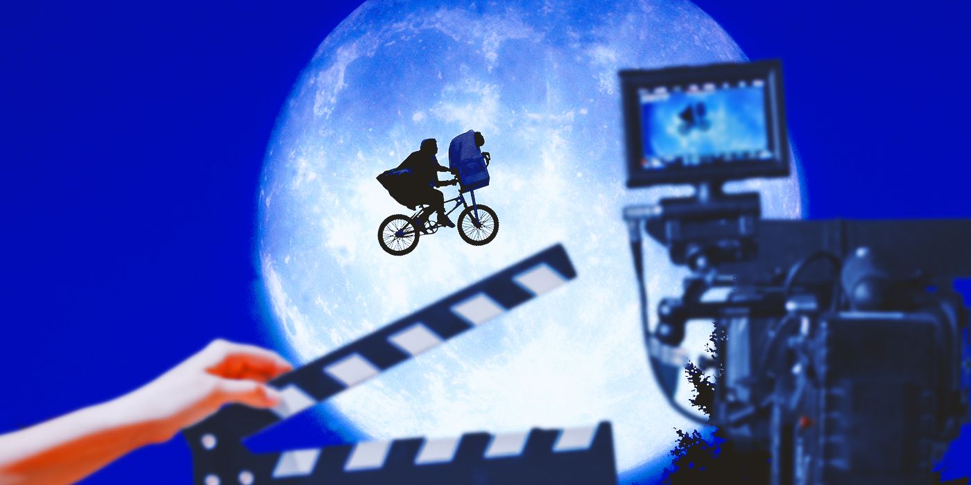 Blended image showing the bike scene from E.T. with a hand holding a clapper board on the forefront.